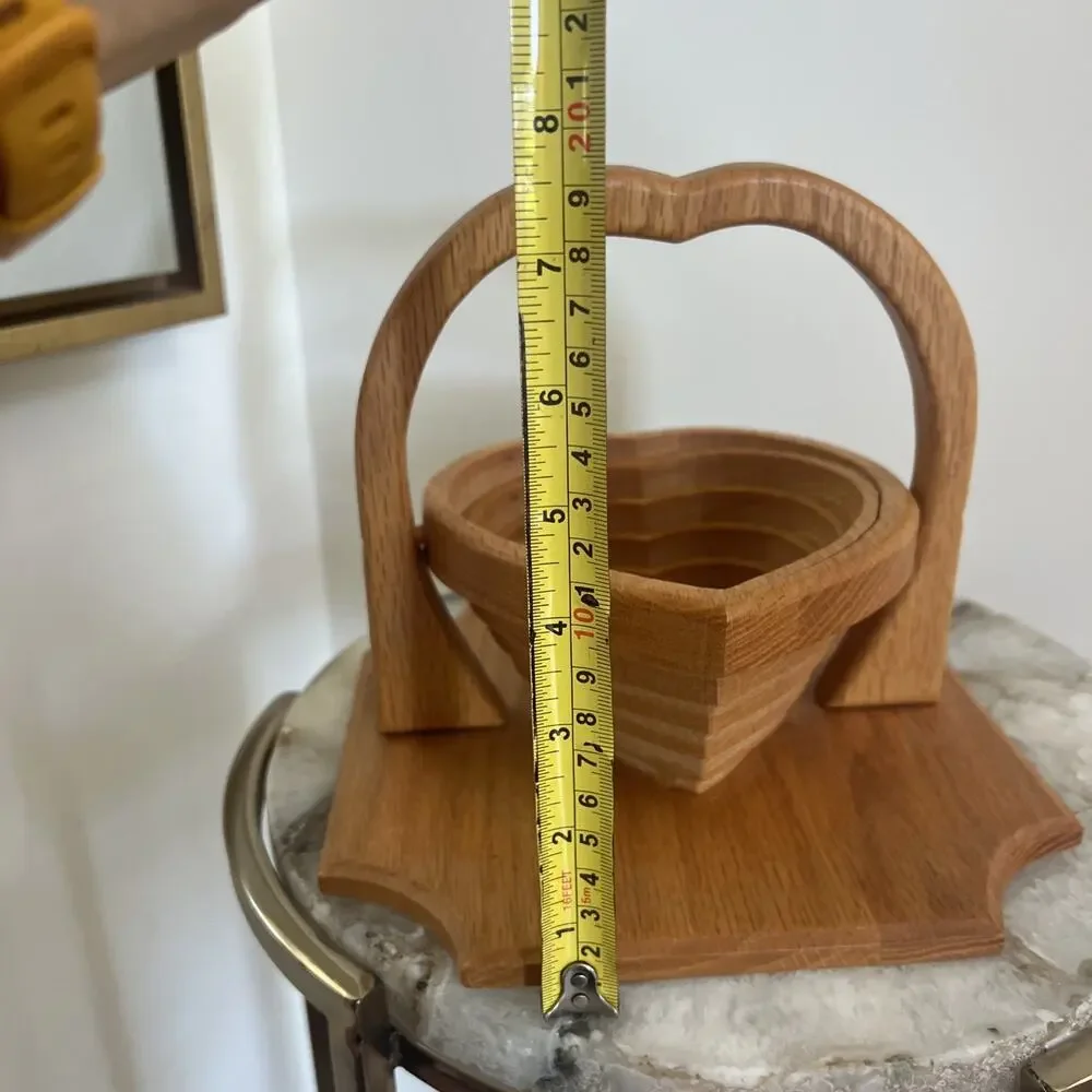 Vtg Amish Collapsible Wooden Heart Basket Four Acre Wood Arthur IL Trivet Bowl